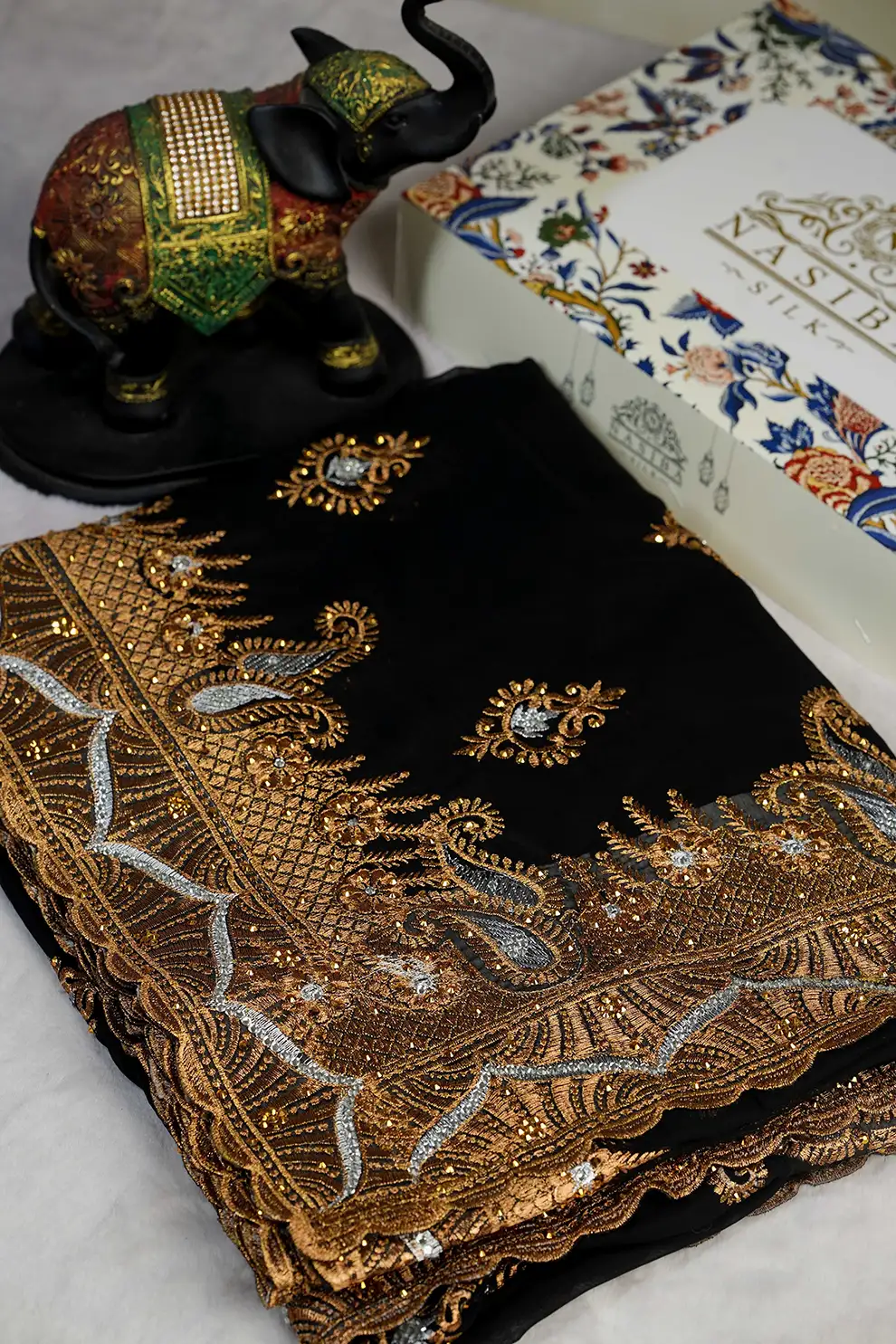 Black Soft Chiffon Georgette Saree Kolka motif